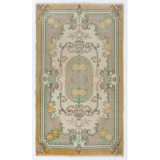 Handknotted Vintage Turkish Wool Accent Rug in Faded Grey & Ivory with Mint Green & Mustard Floral Design