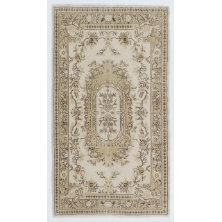 Vintage Handknotted French Aubusson Design Turkish Wool Rug in Neutral Colors