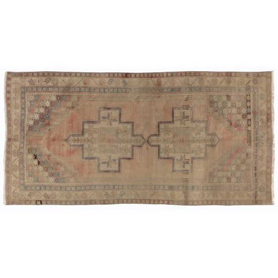  Nice Handmade Vintage Turkish Wool Rug in Soft Colors with Tribal Style