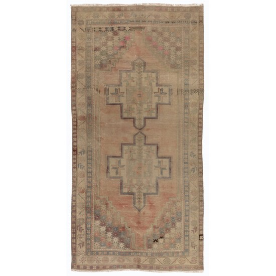  Nice Handmade Vintage Turkish Wool Rug in Soft Colors with Tribal Style