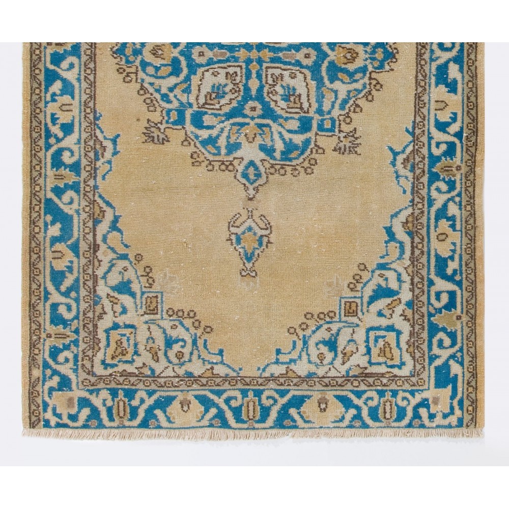 Vintage Handmade Turkish Oushak Rug in Beige, Cream and Blue Colors