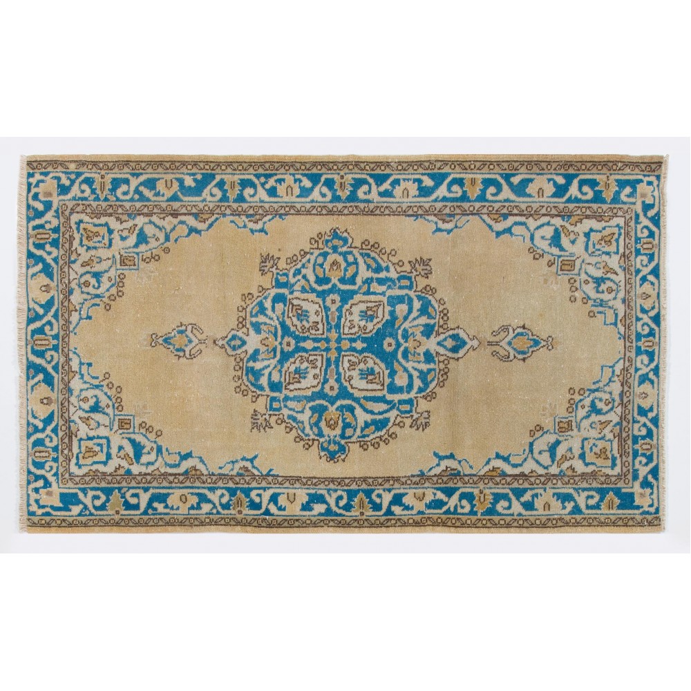 Vintage Handmade Turkish Oushak Rug in Beige, Cream and Blue Colors