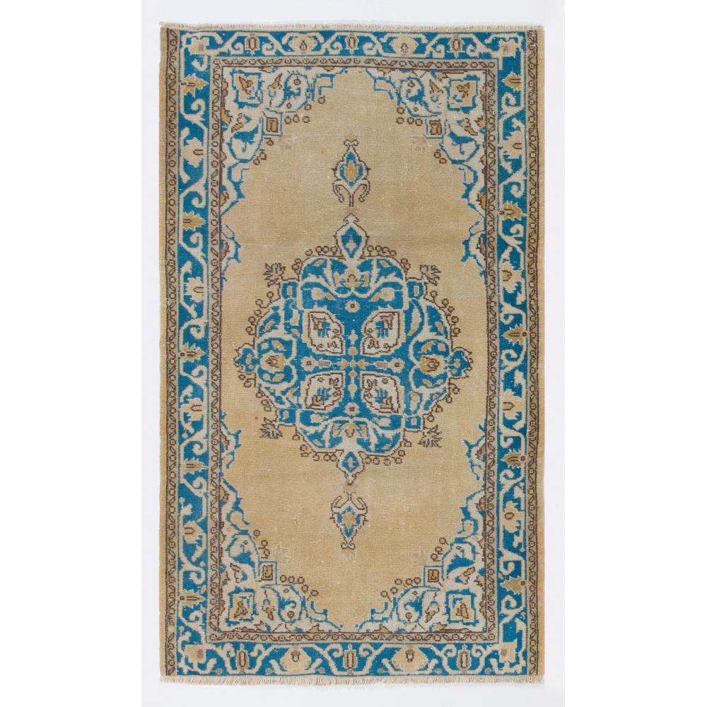 Vintage Handmade Turkish Oushak Rug in Beige, Cream and Blue Colors