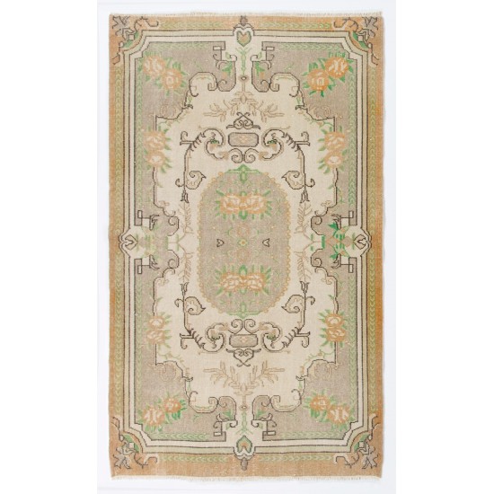 Mid-Century Floral Design Rug in French Style. Vintage Handmade Rug, Woolen Floor Covering