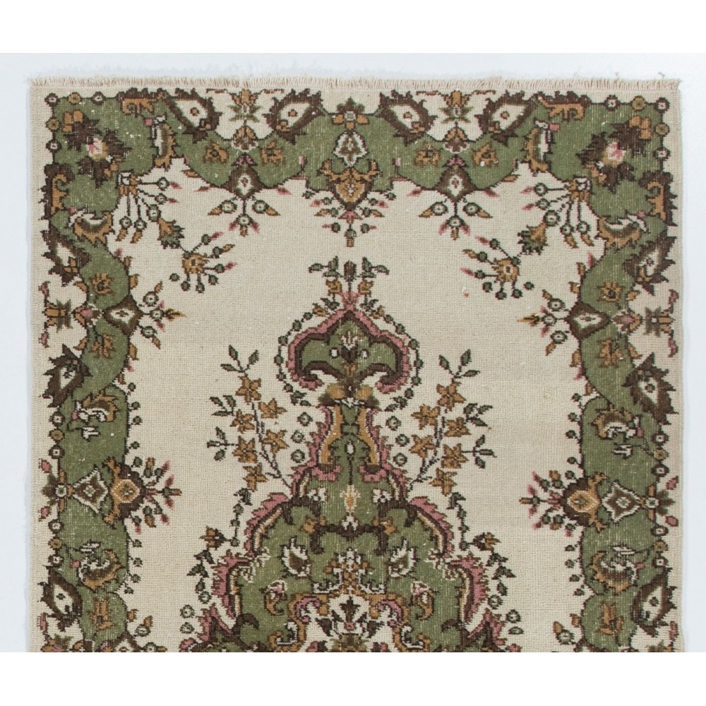 Vintage Handmade Oushak Rug in Beige, Green, Pink and Orange Colors