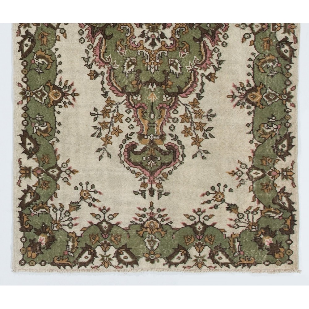 Vintage Handmade Oushak Rug in Beige, Green, Pink and Orange Colors