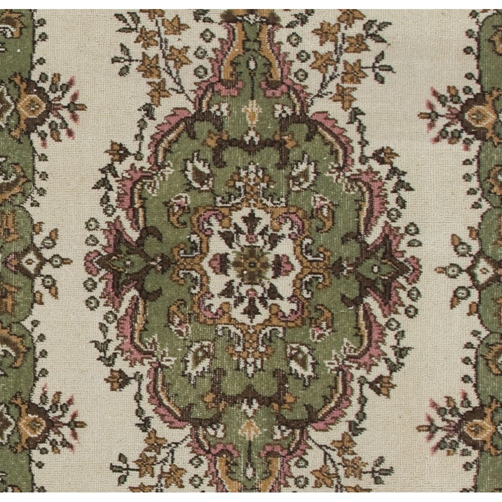 Vintage Handmade Oushak Rug in Beige, Green, Pink and Orange Colors
