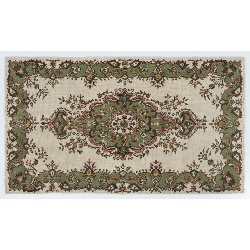 Vintage Handmade Oushak Rug in Beige, Green, Pink and Orange Colors