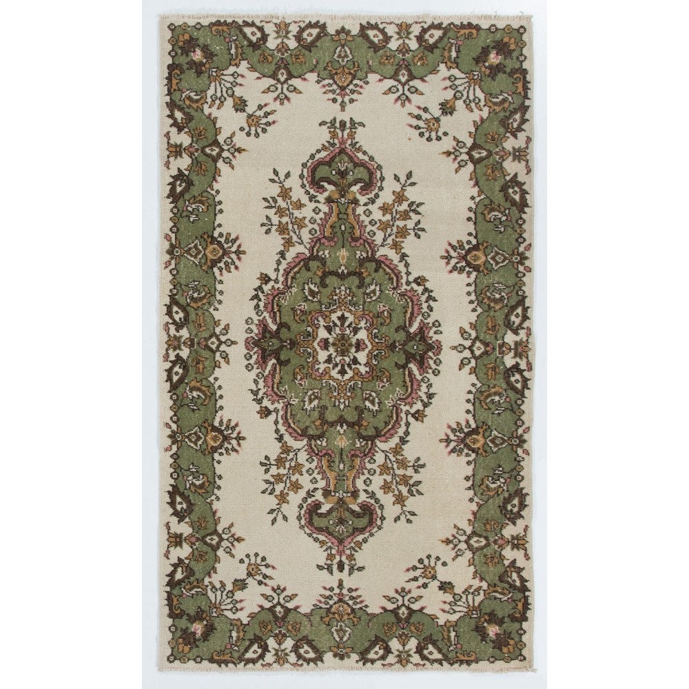 Vintage Handmade Oushak Rug in Beige, Green, Pink and Orange Colors