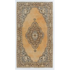 Vintage Handknotted Turkish Wool Area Rug in Honey Amber & Dark Brown with Medallion Design