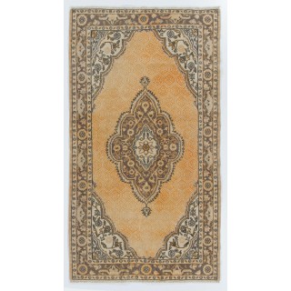 Vintage Handknotted Turkish Wool Area Rug in Honey Amber & Dark Brown with Medallion Design