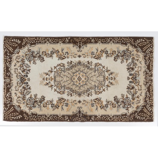 Hand-Knotted Vintage Turkish Area Rug with Medallion Design in Neutral Colors. Woolen Floor Covering