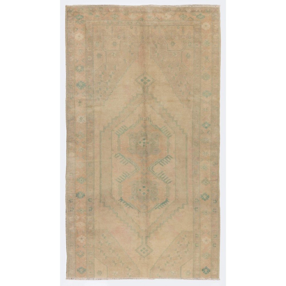 Vintage Geometric Medallion Pattern Anatolian Wool Rug in Neutral Colors