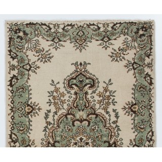 Vintage Handknotted Turkish Wool Area Rug in Muted Sage Green & Cream with Medallion Design Vintage Handknotted Turkish Wool Area Rug in Muted Sage Green & Cream with Medallion Design