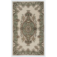 Vintage Handknotted Turkish Wool Area Rug in Muted Sage Green & Cream with Medallion Design