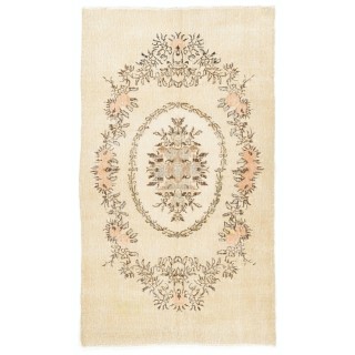 One of a kind Vintage French Aubusson Design Turkish Wool Rug in Ivory, Cream & Soft Salmon with Floral Medallion