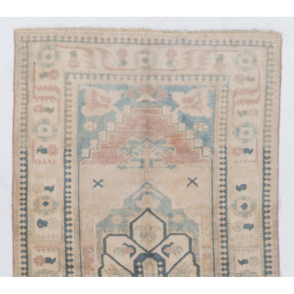 Vintage Turkish Oushak Rug with Wool Pile in Faded Pink and Blue