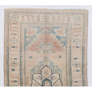 Vintage Turkish Oushak Rug with Wool Pile in Faded Pink and Blue