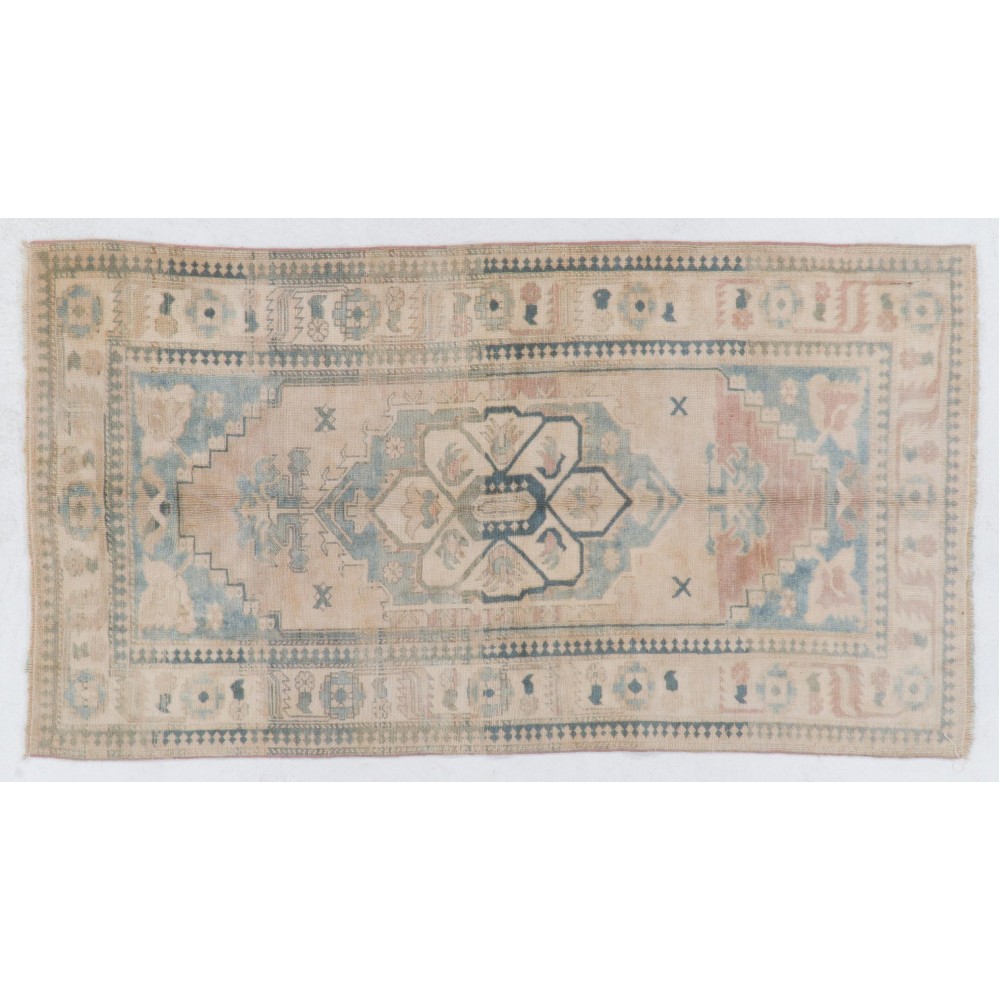 Vintage Turkish Oushak Rug with Wool Pile in Faded Pink and Blue