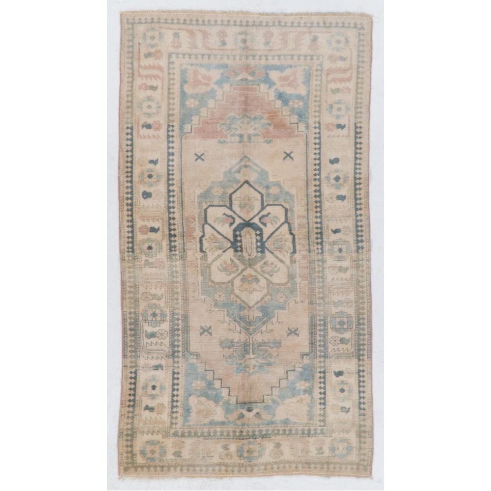 Vintage Turkish Oushak Rug with Wool Pile in Faded Pink and Blue