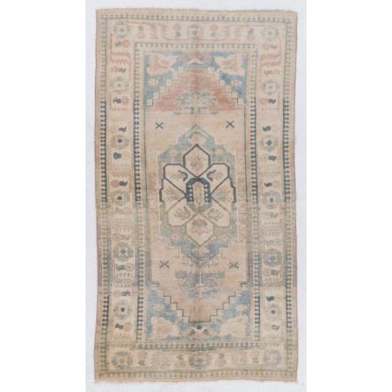 Vintage Turkish Oushak Rug with Wool Pile in Faded Pink and Blue