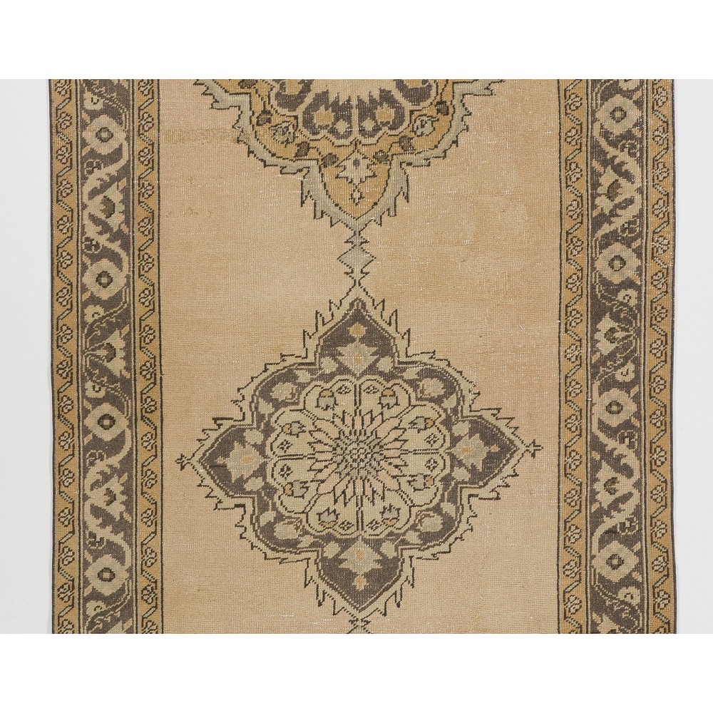 Tri-Medallion Vintage Turkish Oushak Runner Rug for Hallway Decor