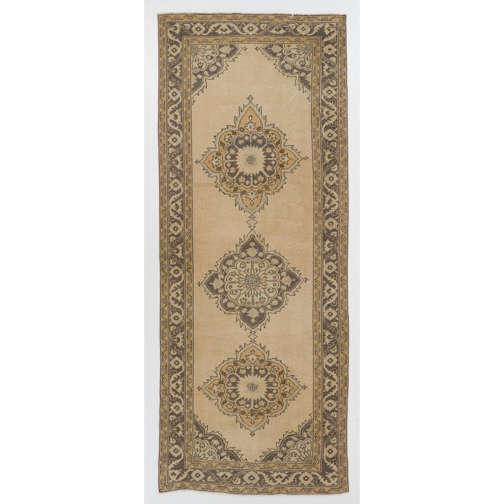 Tri-Medallion Vintage Turkish Oushak Runner Rug for Hallway Decor