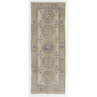 Vintage Handknotted Turkish Runner Rug in Beige & Indigo Blue with Multi Medallion. Corridor Rug. Wool Stair Rug