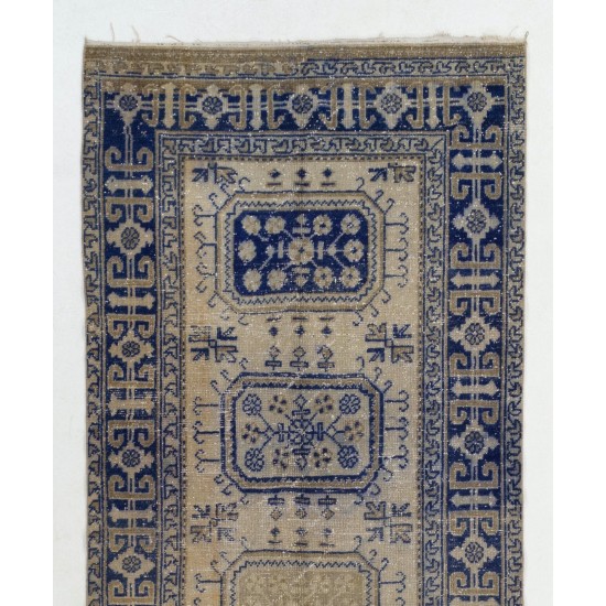 Handmade Vintage Oushak Runner Rug in Beige and Navy Blue Colors