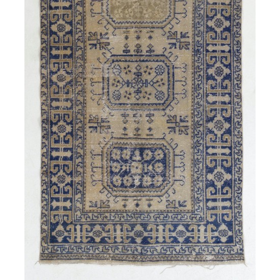 Handmade Vintage Oushak Runner Rug in Beige and Navy Blue Colors