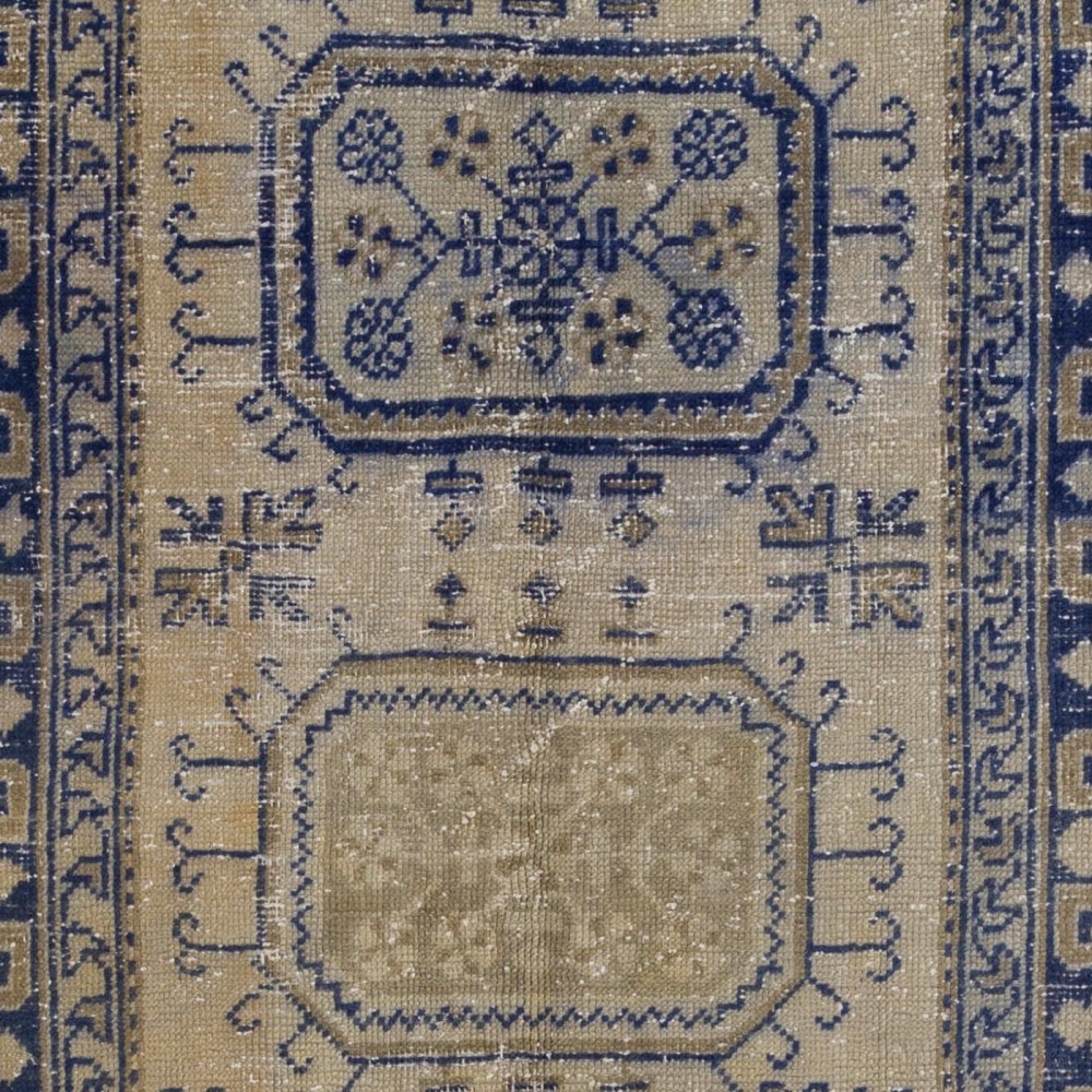 Handmade Vintage Oushak Runner Rug in Beige and Navy Blue Colors