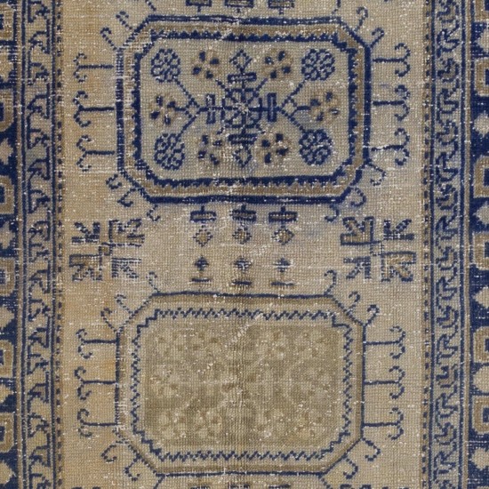 Handmade Vintage Oushak Runner Rug in Beige and Navy Blue Colors Handmade Vintage Oushak Runner Rug in Beige and Navy Blue Colors