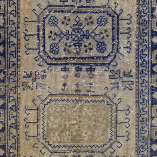 Handmade Vintage Oushak Runner Rug in Beige and Navy Blue Colors