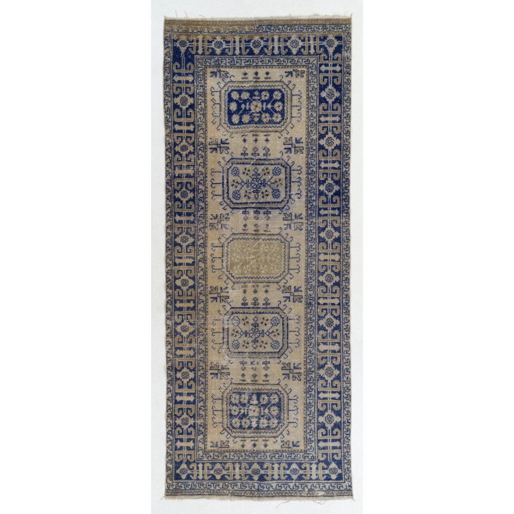 Handmade Vintage Oushak Runner Rug in Beige and Navy Blue Colors