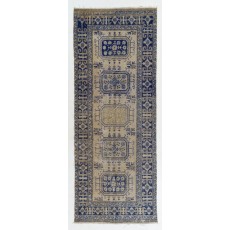 Vintage Runner Rug for Kitchen. Hallway Rug. Navy Blue, Beige Corridor Rug. Wool Stair Rug