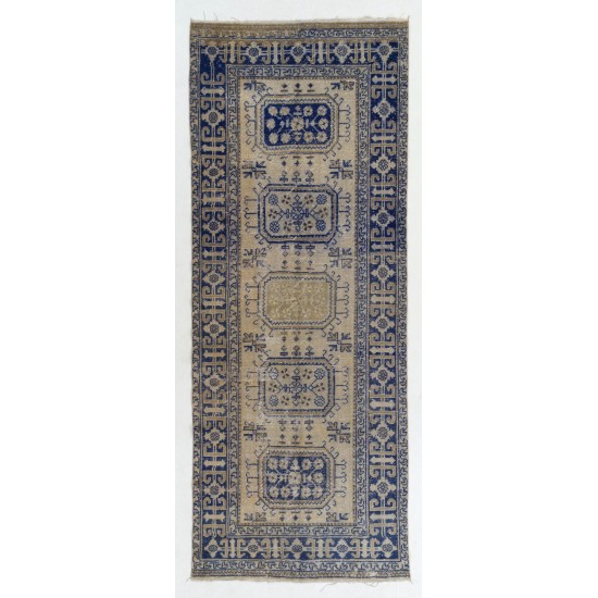 Handmade Vintage Oushak Runner Rug in Beige and Navy Blue Colors Handmade Vintage Oushak Runner Rug in Beige and Navy Blue Colors