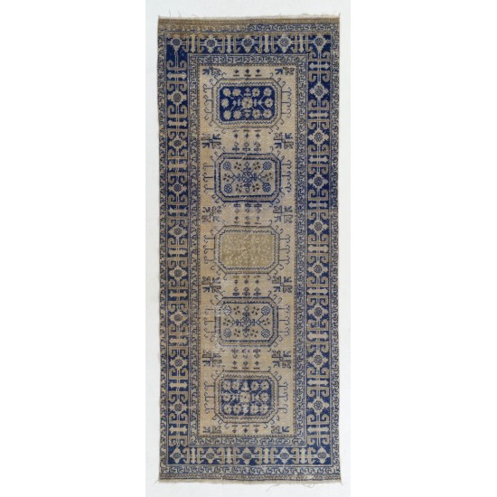 Handmade Vintage Oushak Runner Rug in Beige and Navy Blue Colors