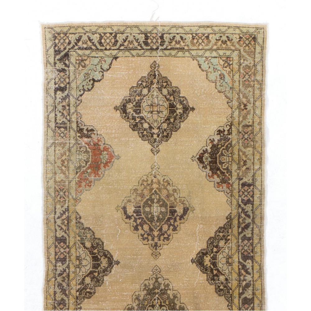 Mid-Century Handmade Oushak Runner. Natural Beige & Brown Wool Rug