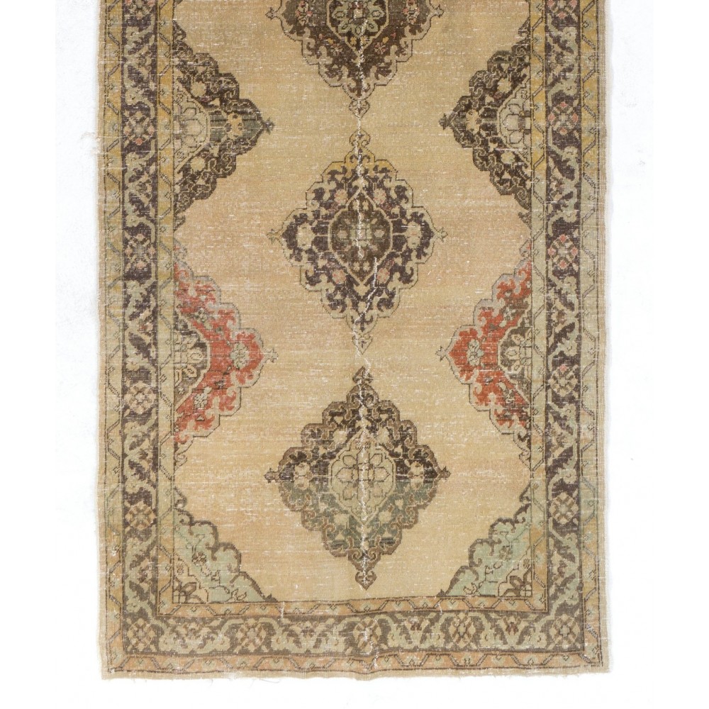 Mid-Century Handmade Oushak Runner. Natural Beige & Brown Wool Rug