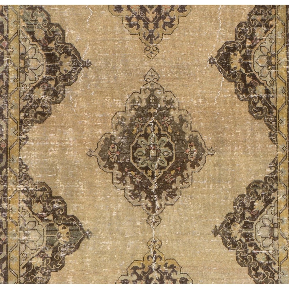 Mid-Century Handmade Oushak Runner. Natural Beige & Brown Wool Rug