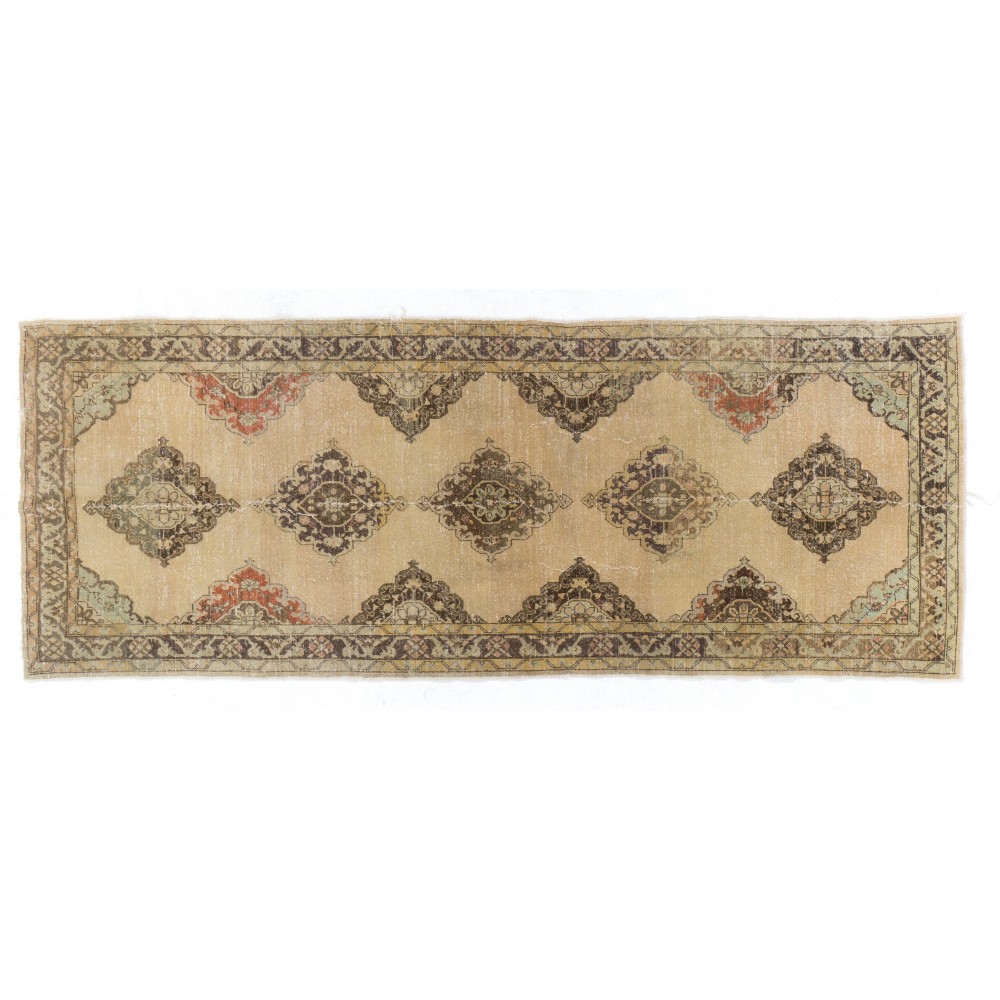 Mid-Century Handmade Oushak Runner. Natural Beige & Brown Wool Rug