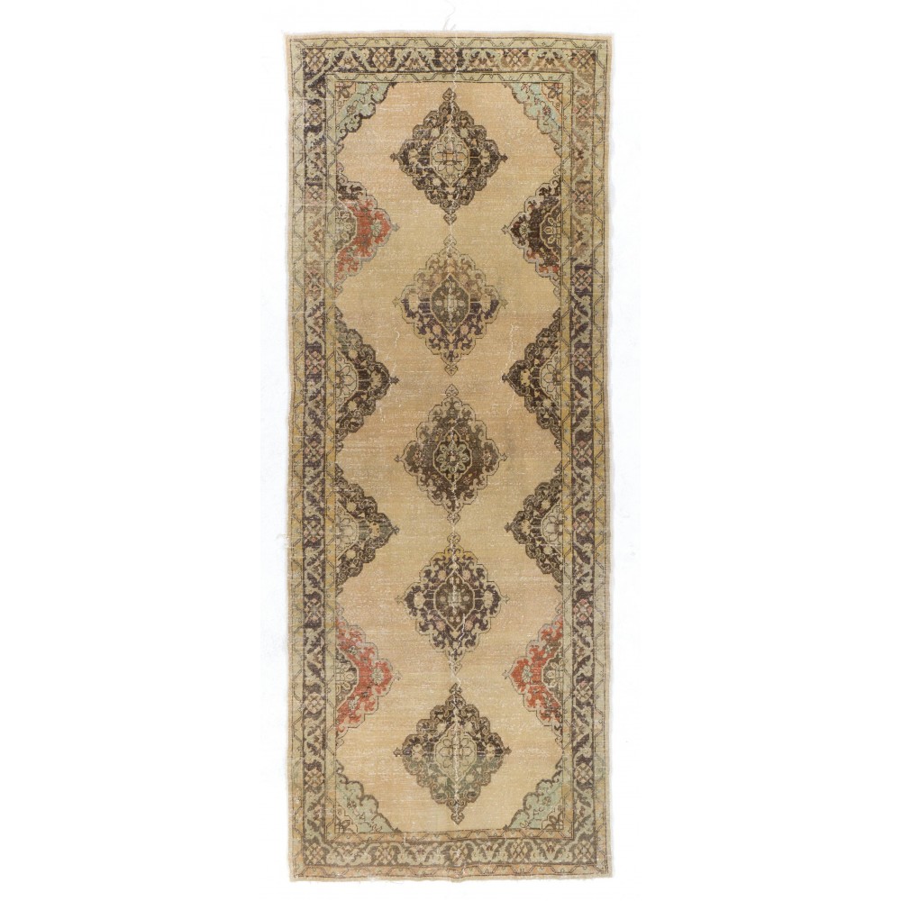 Mid-Century Handmade Oushak Runner. Natural Beige & Brown Wool Rug