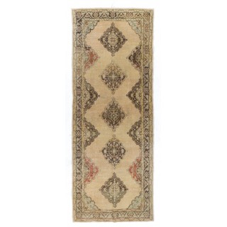 Vintage Handmade Turkish Oushak Runner Rug in Brown and Beige Colors