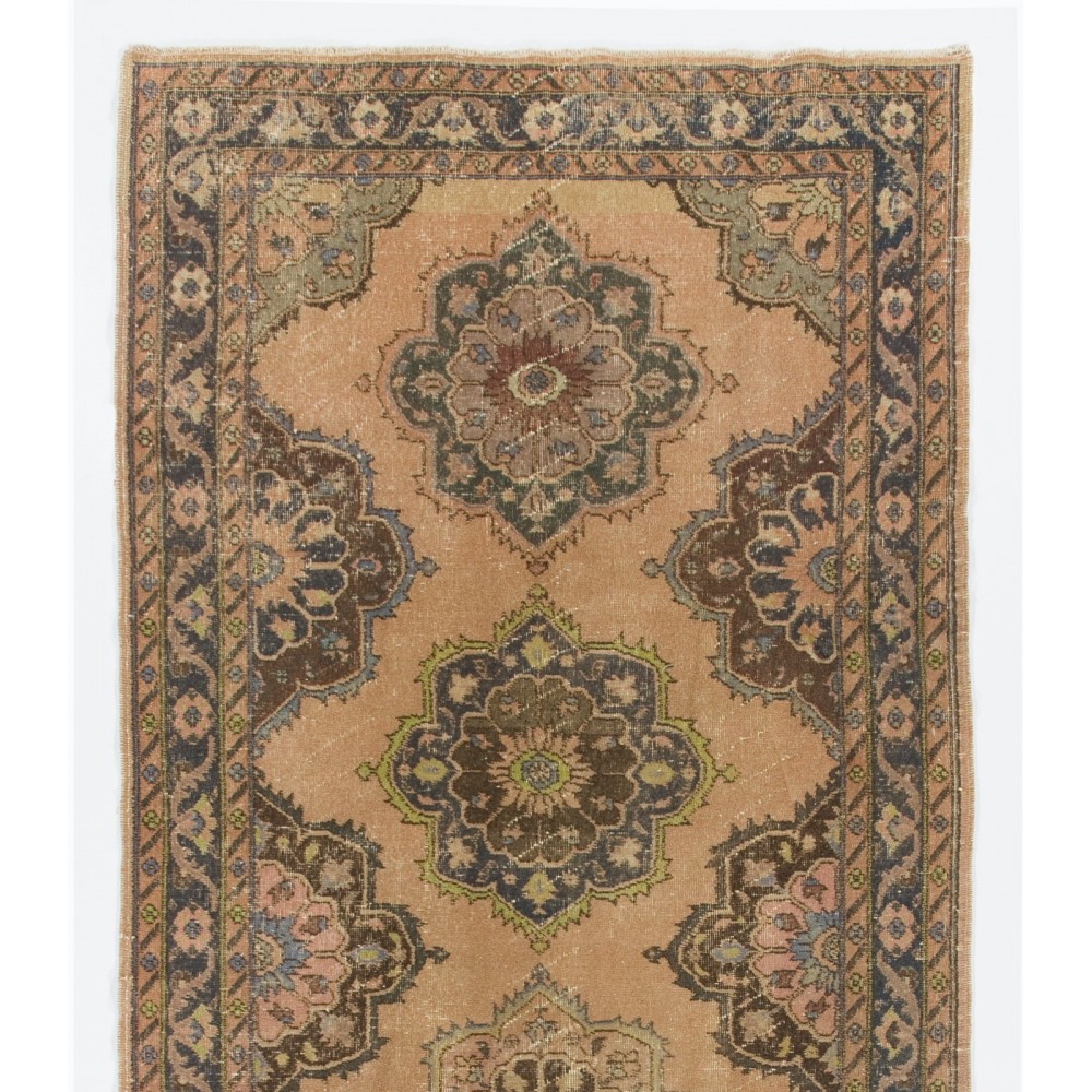 Vintage Oushak Runner Rug in Beige, Handmade Turkish Corridor Carpet