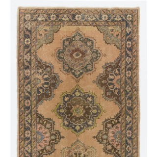 Vintage Oushak Runner Rug in Beige, Handmade Turkish Corridor Carpet