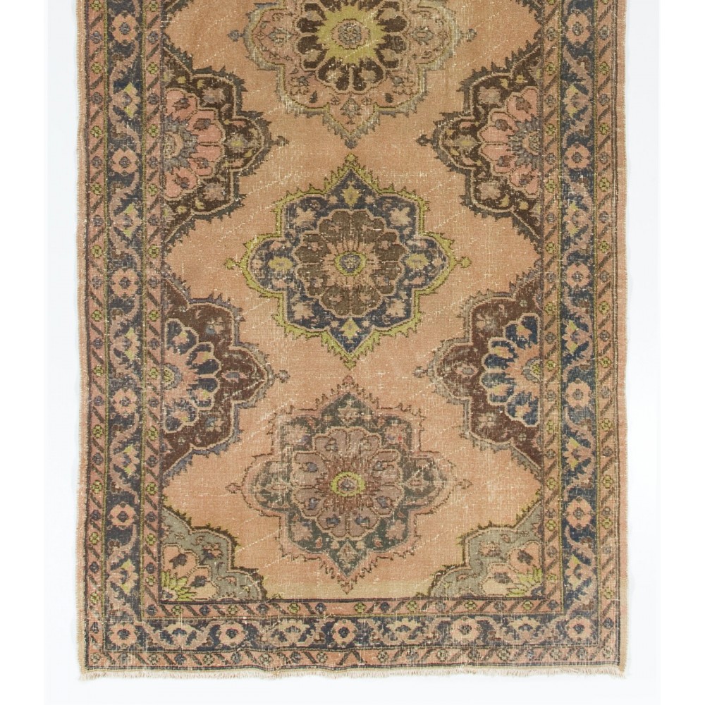 Vintage Oushak Runner Rug in Beige, Handmade Turkish Corridor Carpet
