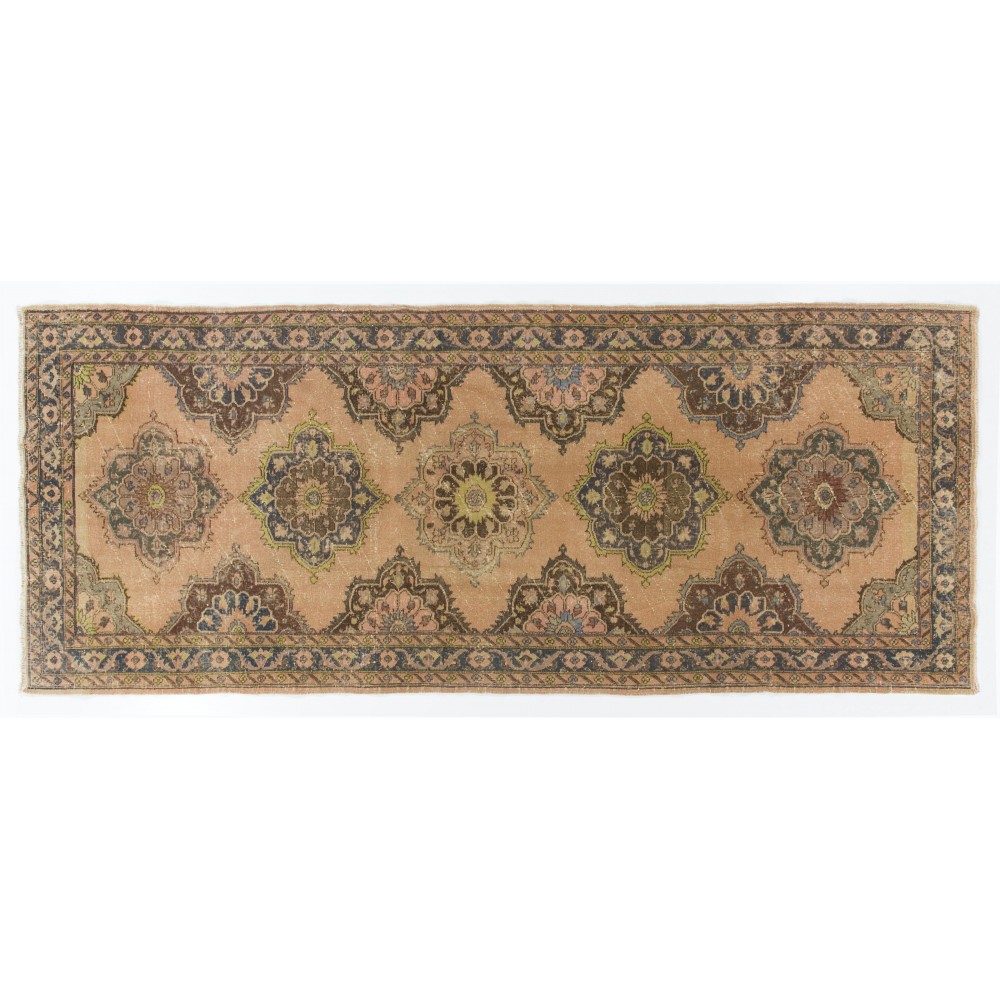 Vintage Oushak Runner Rug in Beige, Handmade Turkish Corridor Carpet