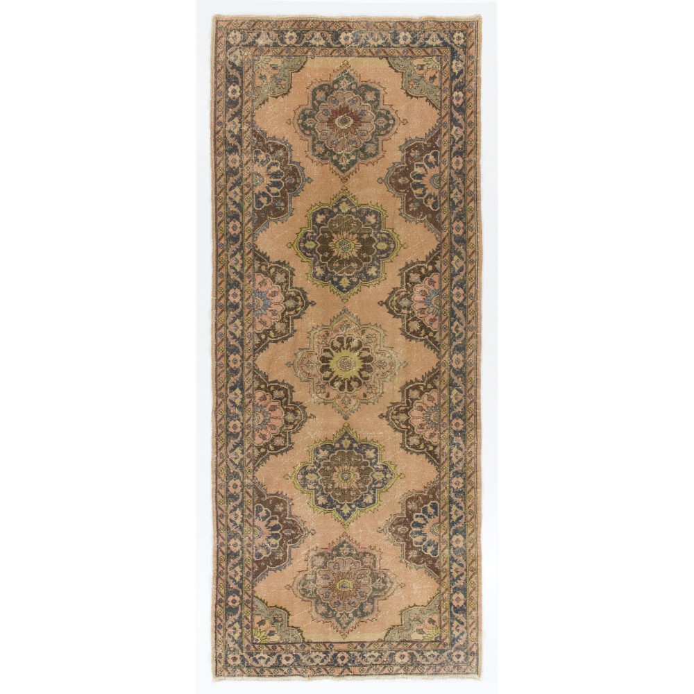 Vintage Oushak Runner Rug in Beige, Handmade Turkish Corridor Carpet