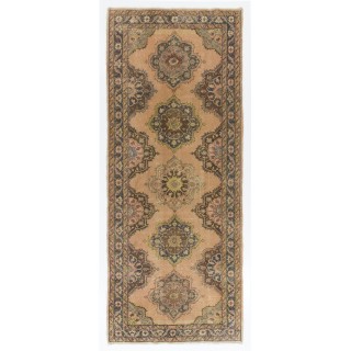 Vintage Oushak Runner Rug in Beige, Handmade Turkish Corridor Carpet