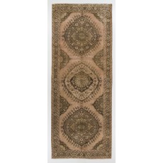 Vintage Handknotted Turkish Wool Runner Rug in Muted Rose & Deep Taupe with Triple Medallion